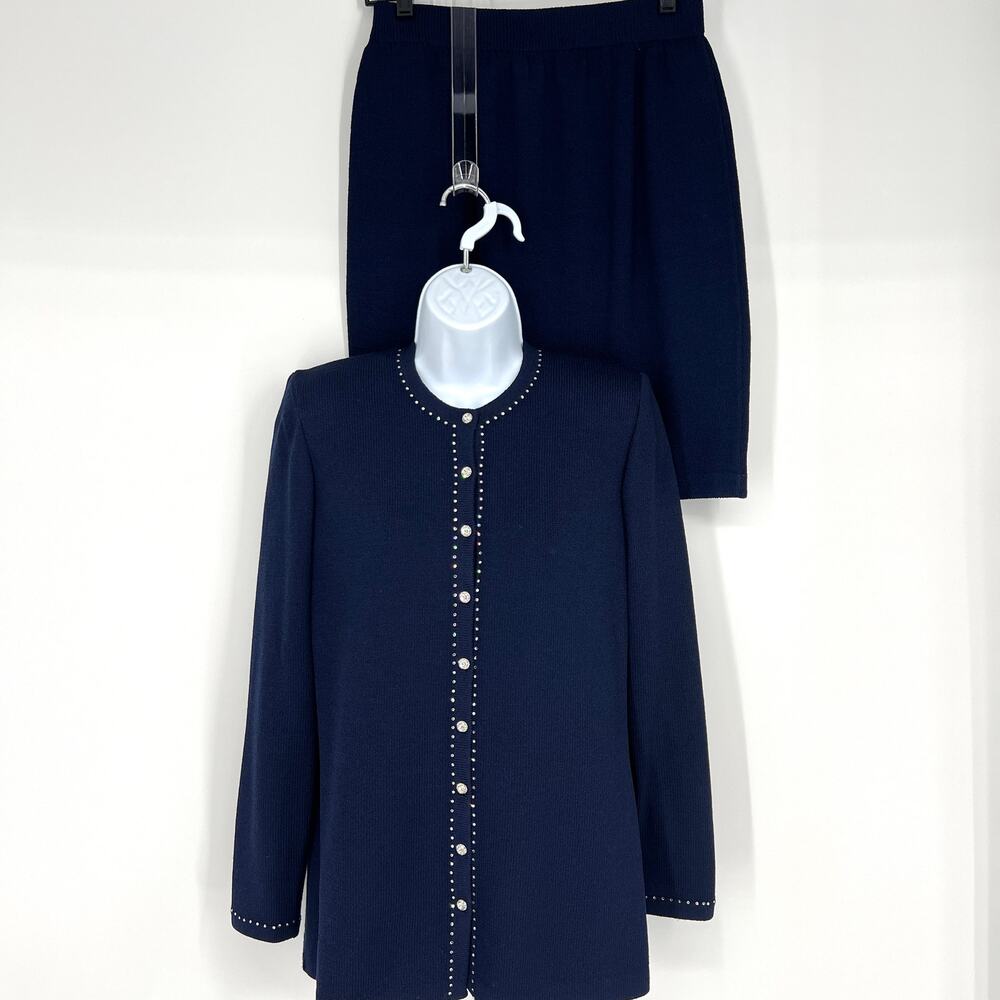St. John Evening by Marie Gray Navy Knit Rhinestone Jacket and Skirt Set Size 4